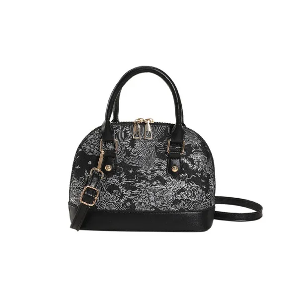 Fashionable Satchel Shell Bag for Women 2025 Autumn New Contrast Color Embroidered Shoulder Crossbody Bag Casual Simple Commuter Bag- Color: Black