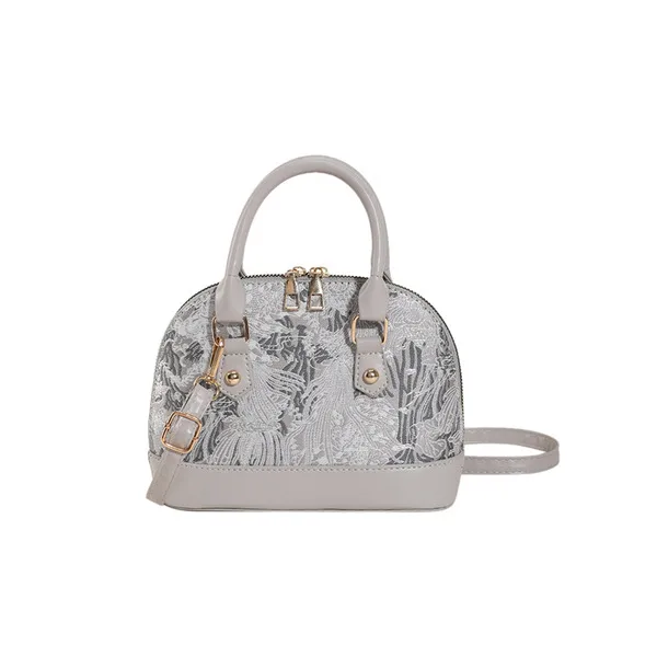 Fashionable Satchel Shell Bag for Women 2025 Autumn New Contrast Color Embroidered Shoulder Crossbody Bag Casual Simple Commuter Bag- Color: Gray