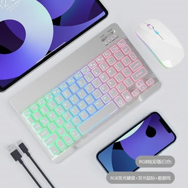 10-Inch RGB Backlit Bluetooth Keyboard + Mouse — White Set 