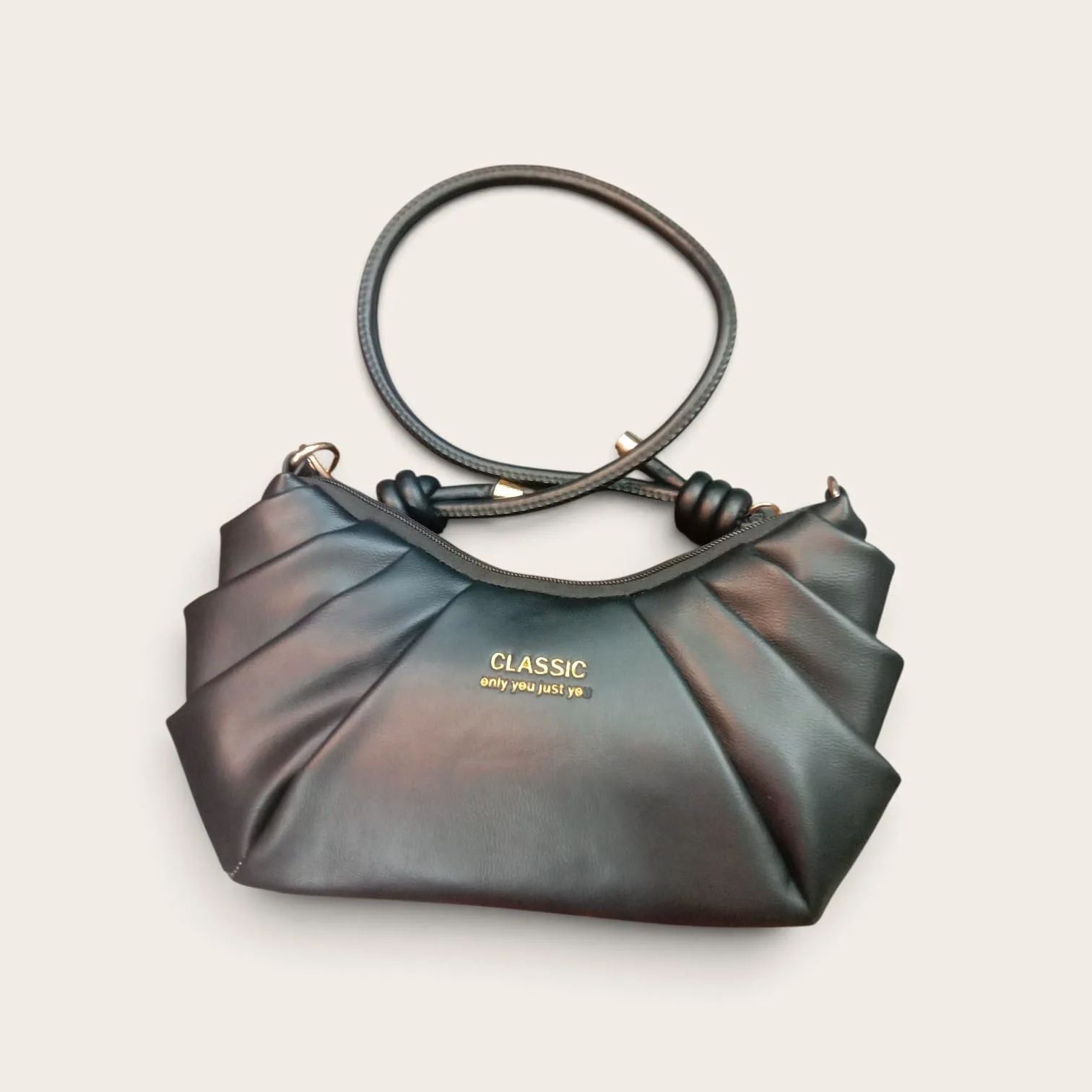 Classic Pleated Leather Hobo Bag with Knotted Rope Handle – Matte Black