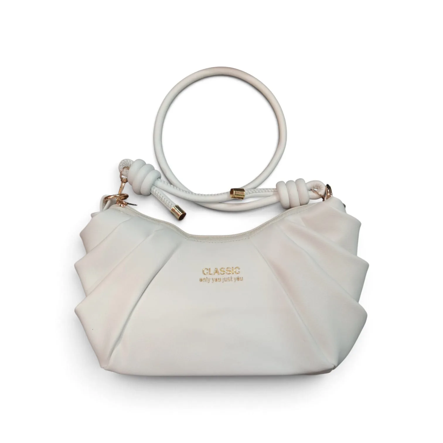 Classic Pleated Leather Hobo Bag with Knotted Rope Handle – Ivory White