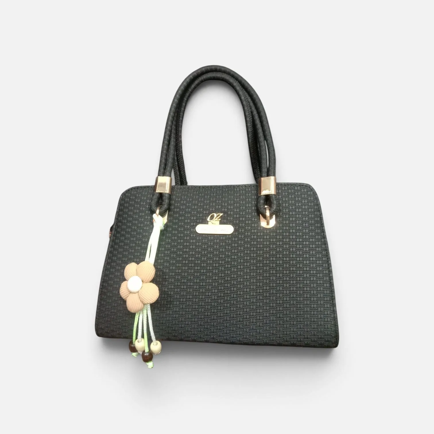 MOONIA LADY Woven Textured Structured Mommy Bag with Flower Charm – Classic Black