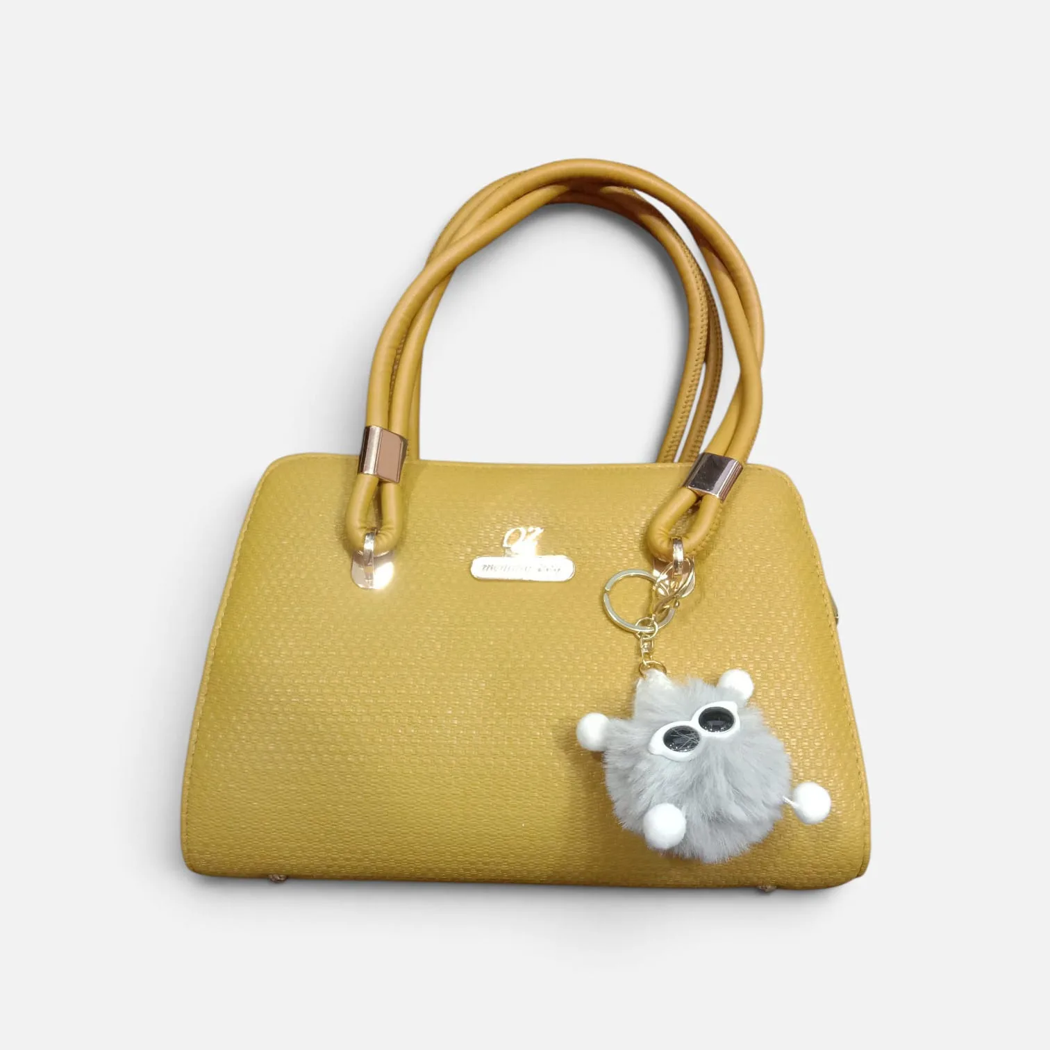 MOONIA LADY Woven Textured Structured Mommy Bag with Fluffy Pom-Pom Charm – Mustard Yellow