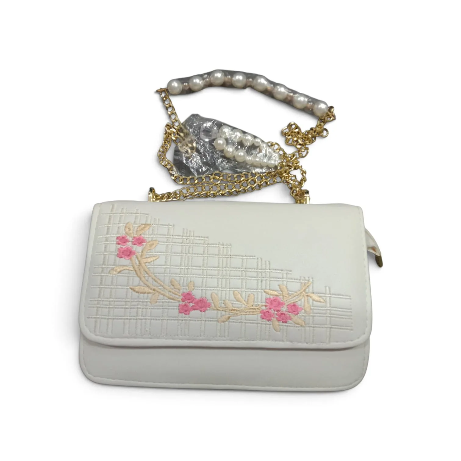 Pearl Handle Embroidered Chain Crossbody Bag – White with Pink Floral Design