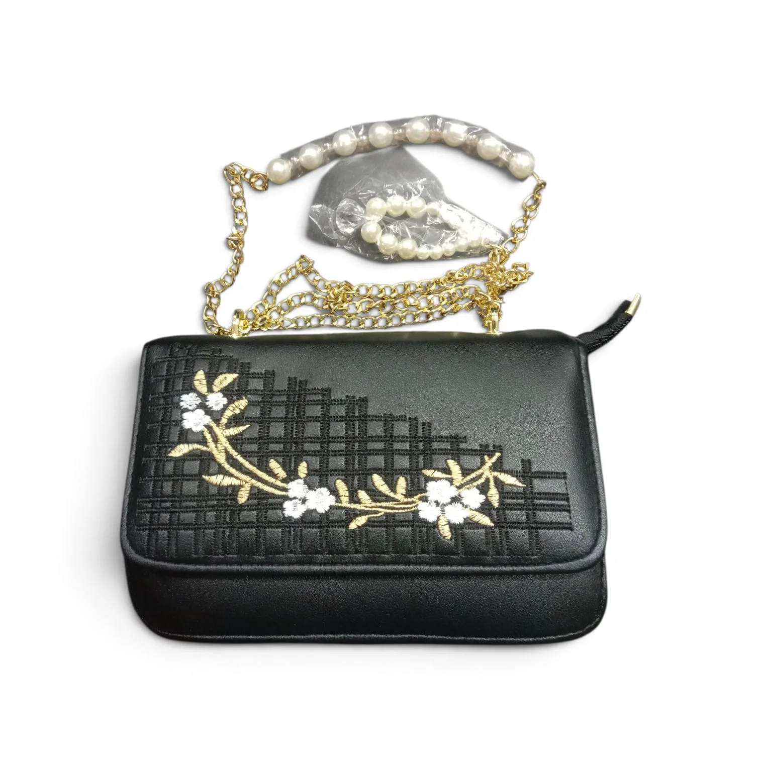 Pearl Handle Embroidered Chain Crossbody Bag – Black with White & Gold Floral Design