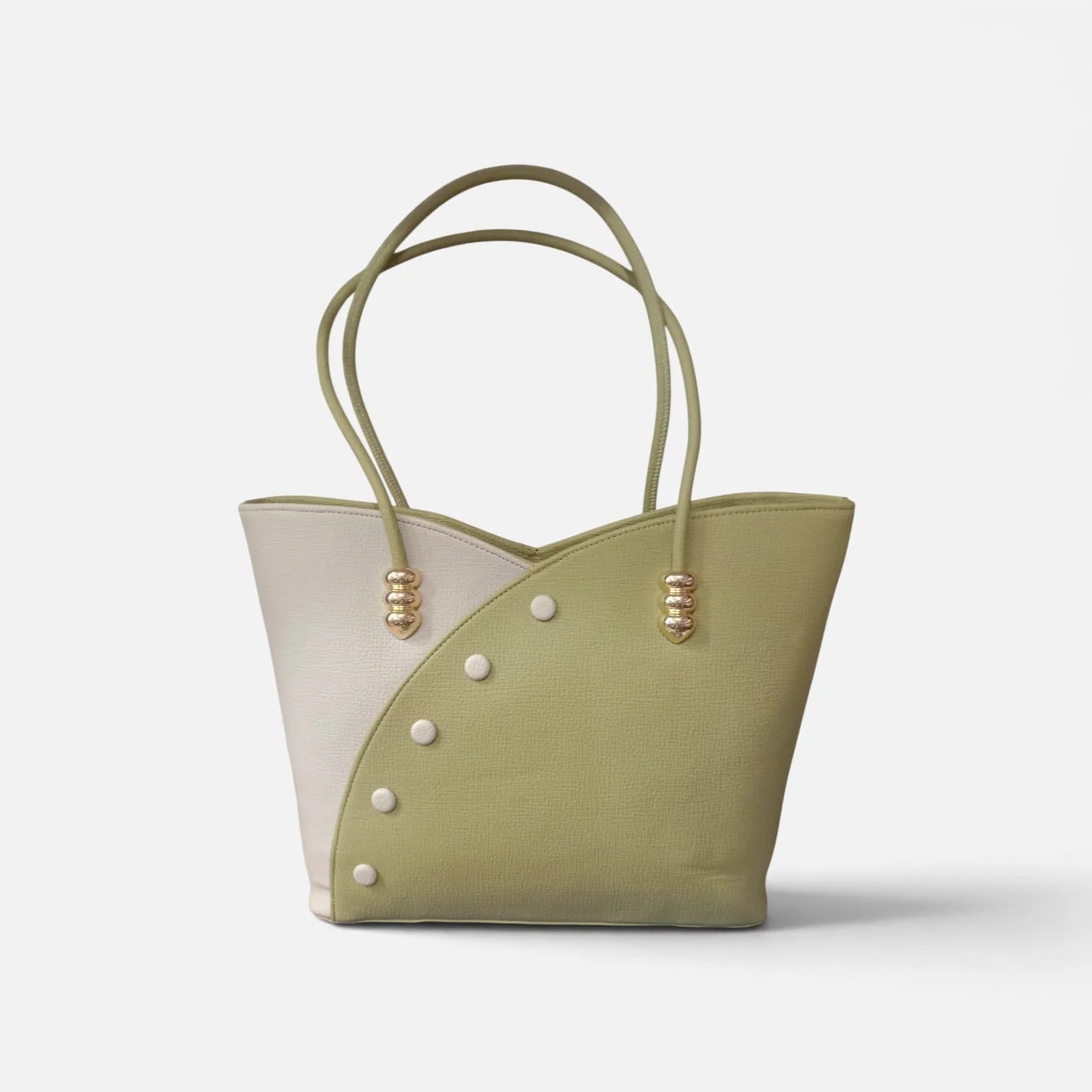 Color-Block Asymmetric Tote Bag with Gold Bead Handles & Stud Detail – Sage Green / Cream