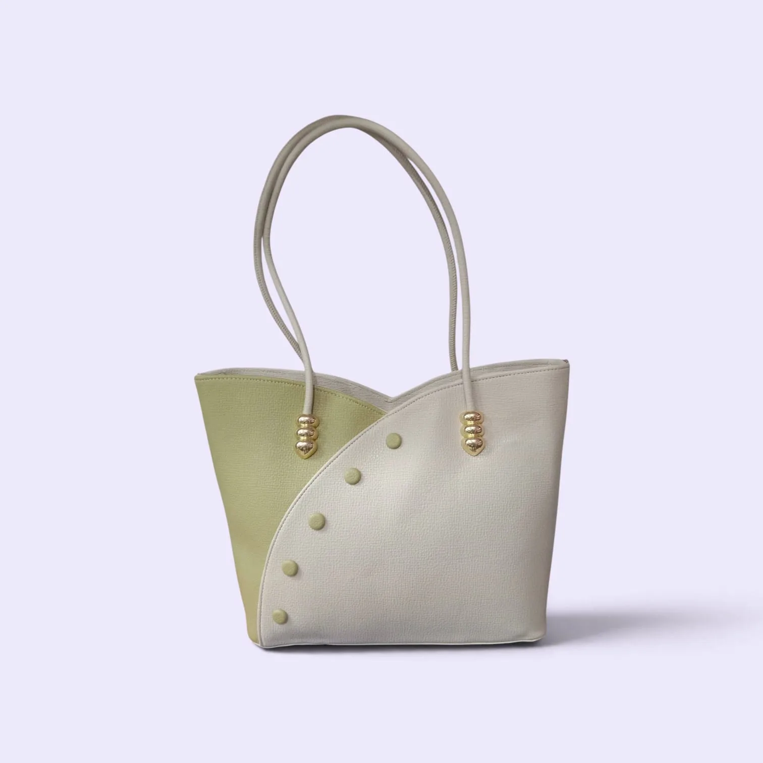 Color-Block Asymmetric Tote Bag with Gold Bead Handles & Stud Detail – Off-White / Light Olive