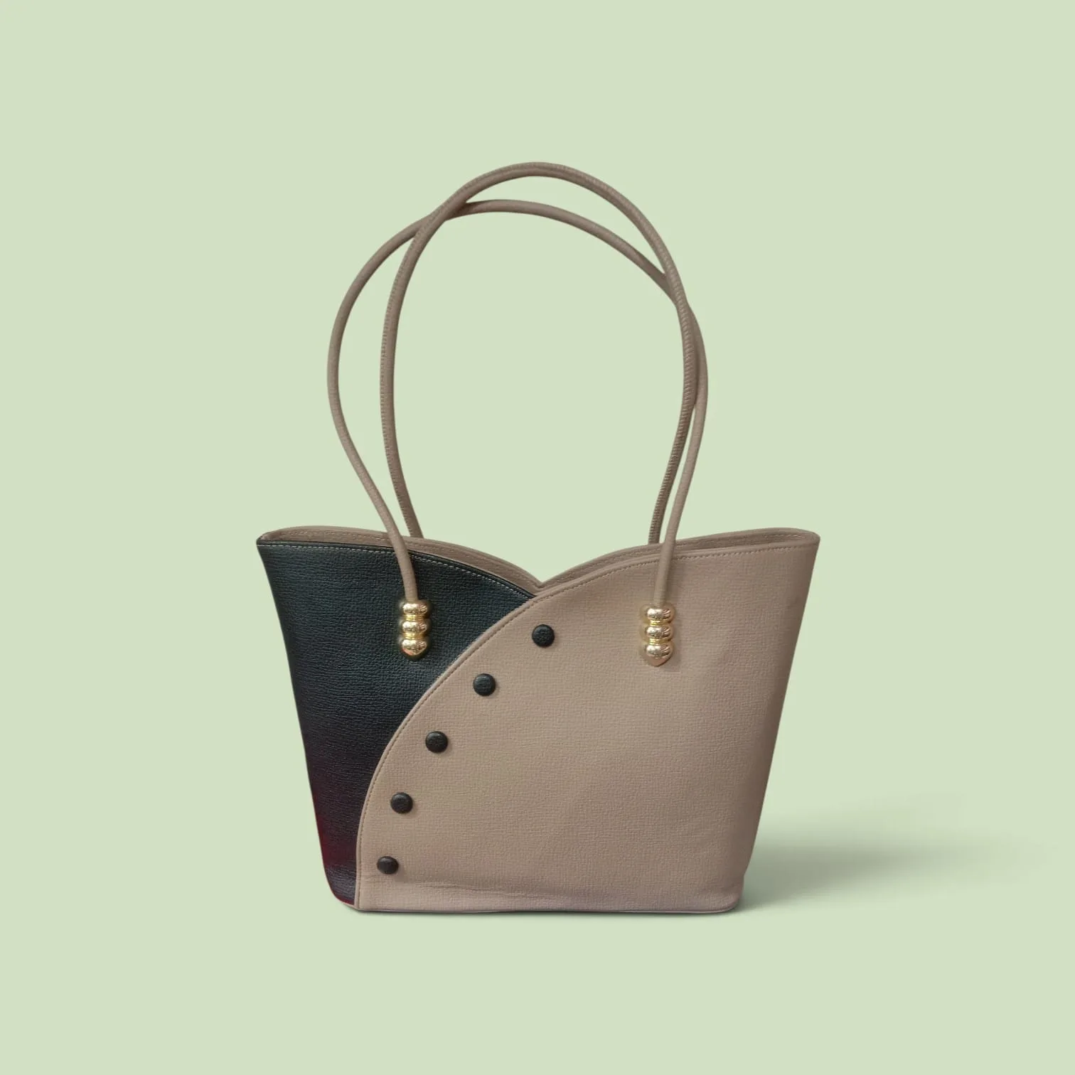 Color-Block Asymmetric Tote Bag with Gold Bead Handles & Stud Detail – Taupe / Black