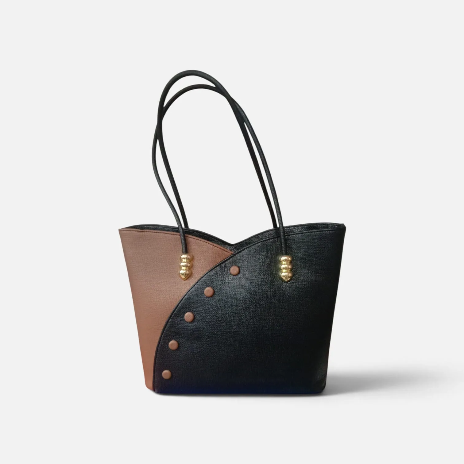 Color-Block Asymmetric Tote Bag with Gold Bead Handles & Stud Detail – Black / Brown
