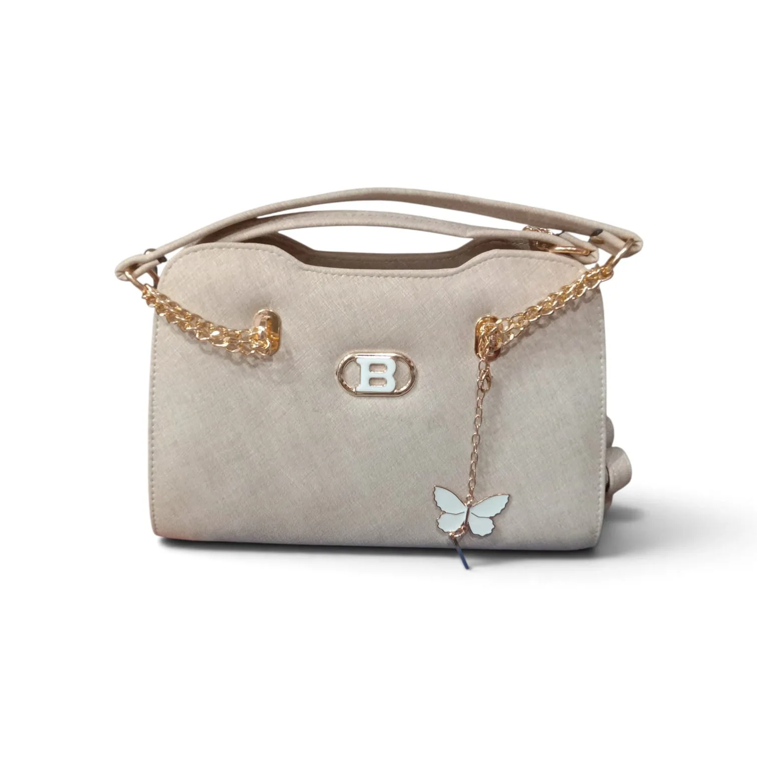 "B" Logo Butterfly Charm Structured Shoulder Bag – Light Grey / Taupe