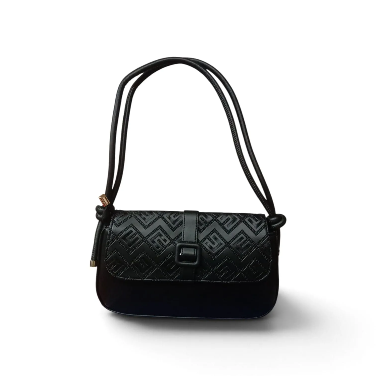 Geometric Embossed Flap Shoulder Bag with Buckle Closure & Knotted Handles – Classic Black