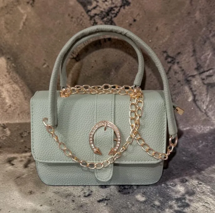 Ladies Mini Top Handle Crossbody Bag – Horseshoe Crystal Buckle | Sage Green with Gold Chain