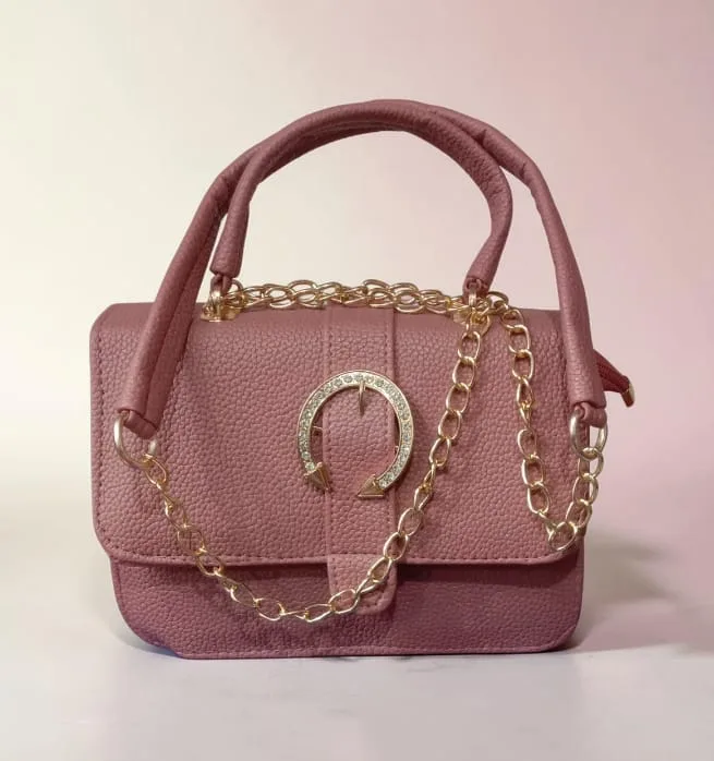 Ladies Mini Top Handle Crossbody Bag – Horseshoe Crystal Buckle | Dusty Pink (Mauve) with Gold Chain