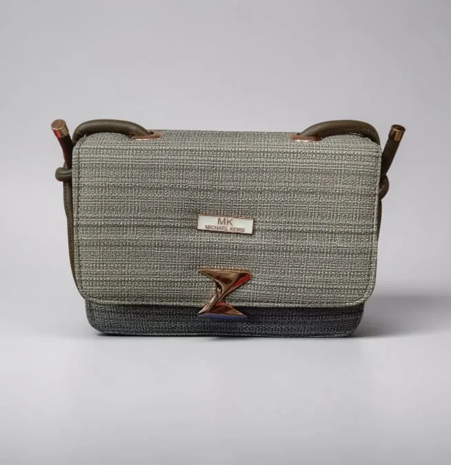  Inspired-by Michael Kors Ladies Textured Woven Flap Crossbody Bag – Camera-Bag Style with Twisted Metal Turn-Lock | Sage Olive Grey