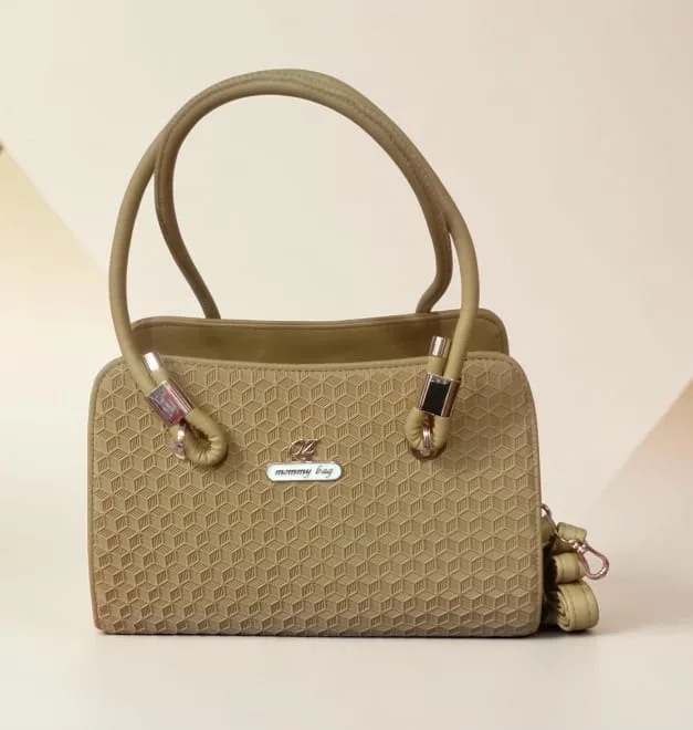 Ladies Hex-Embossed Dome Satchel Handbag – Slim Rolled Handles | Beige Khaki with Rose-Gold Hardware
