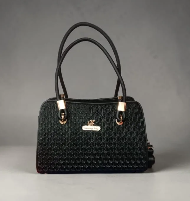 Ladies Hex-Embossed Dome Satchel Handbag – Slim Rolled Handles | Classic Black with Rose-Gold Hardware