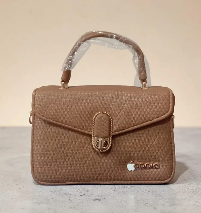 Ladies Textured Box Flap Satchel Handbag – Oval Twist-Lock Tab | Coffee Brown with Rose-Gold Hardware